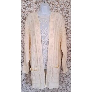 Women's Cardigan L Cream Cable Knit Open Front Pockets Long Length Love Tre NWT